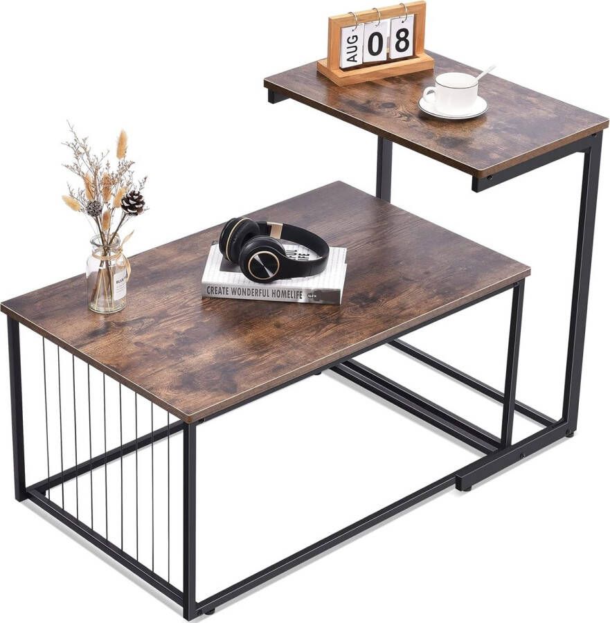 Bijzettafel salontafel met metalen poten hoogwaardige houten tafels in 2-delige set hoekige banktafel & woonkamertafel van echt hout industrieel design vintage bruin-zwart