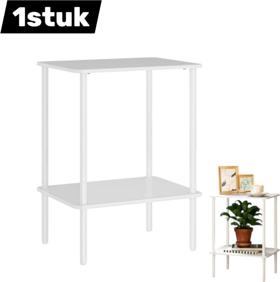 Bijzettafel Salontafel met twee niveaus met opbergvakken en metalen frame Salontafel in moderne stijl voor woonkamer en slaapkamer Wit 1 st
