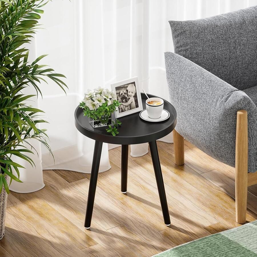Bijzettafel salontafel rond Ø 38 cm hoogte 45 cm banktafel met poten van massief hout Scandinavische stijl dessert hout met beschermende rand voor woonkamer slaapkamer zwart zwart