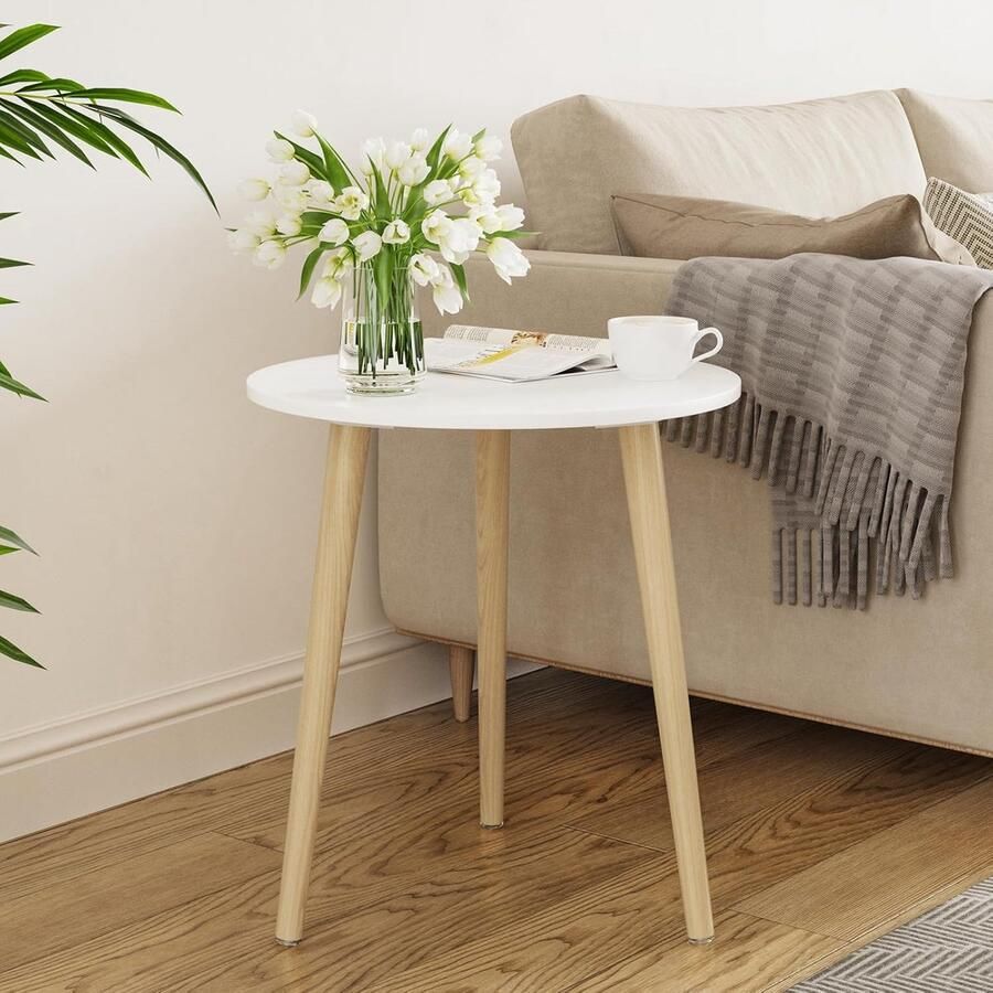 Bijzettafel salontafel rond Ø 42 cm hoogte 51 cm banktafel met poten van massief hout Scandinavische stijl nachttafeltje hout voor woonkamer slaapkamer natuur wit