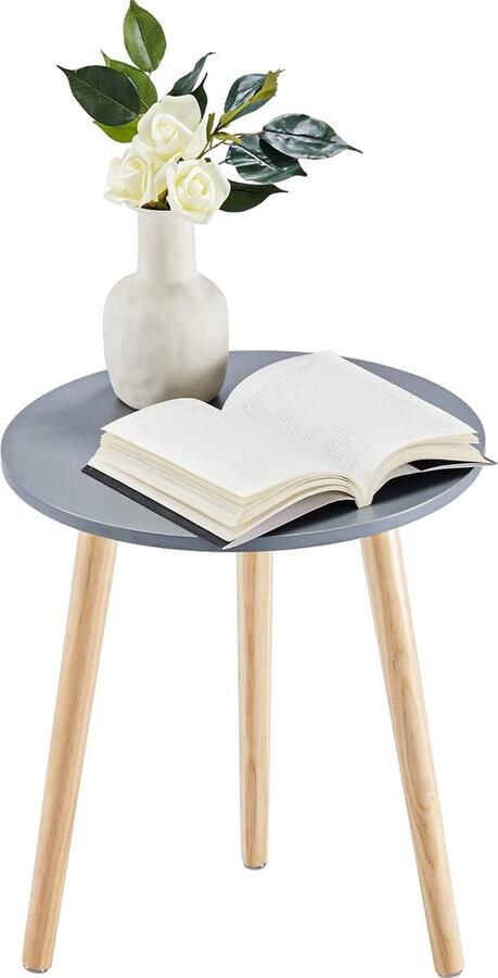 Bijzettafel salontafel rond Ø 42 cm hoogte 51 cm salontafel met poten van massief hout Scandinavische stijl dessert bijzettafel van hout voor woonkamer slaapkamer natuur grijs