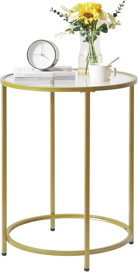 Bijzettafel salontafel rond van gehard glas metalen frame transparant 50 x 65 cm smal nachtkastje banktafel voor woonkamer balkon kantoor goudkleurig