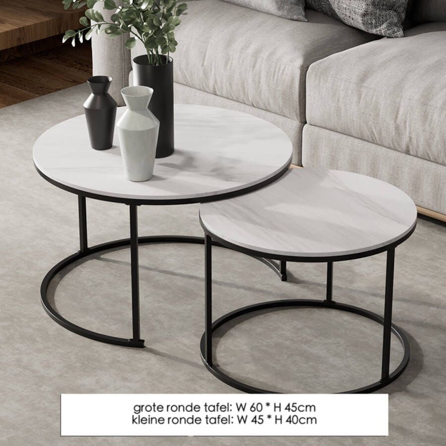 Bijzettafel Salontafel set van 2 Rotsplaten Tafelbasis zwart 60cm wit plus 45cm wit