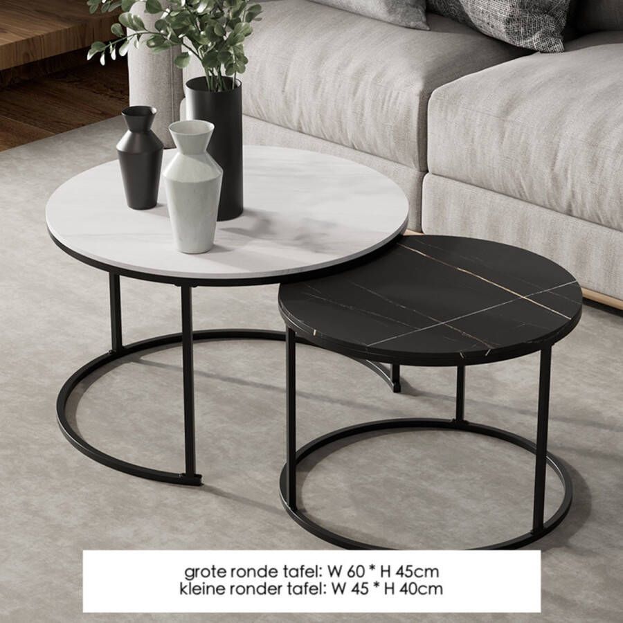 Bijzettafel Salontafel set van 2 Tafelbasis zwart Rotsplaten 60cm wit plus 45cm zwart