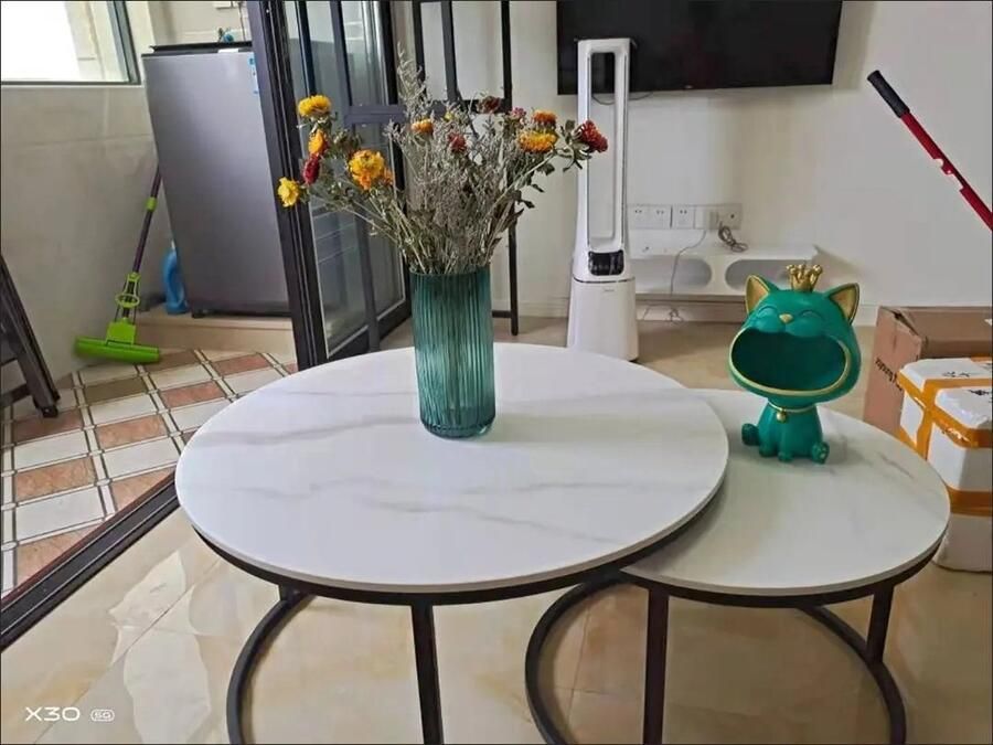 Bijzettafel Salontafel set van 2 Tafelbasis zwart Rotsplaten 80cm wit plus 60cm wit