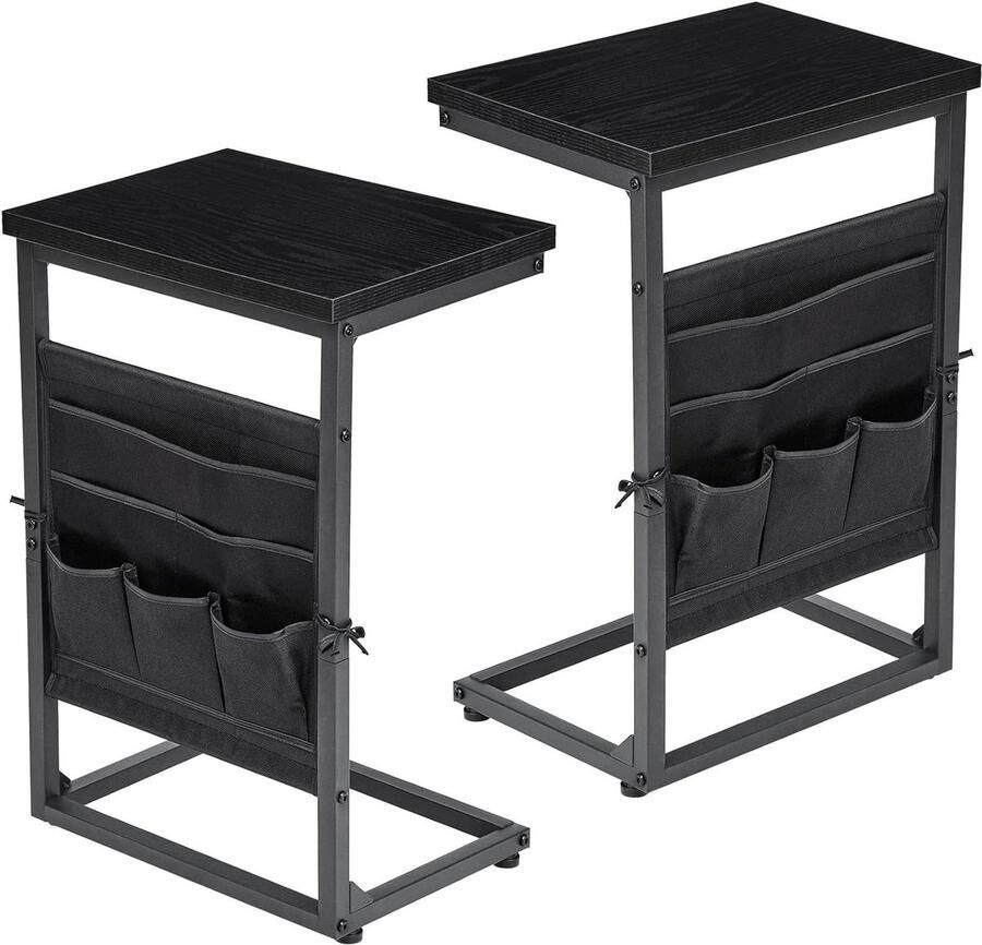 C-vorm bijzettafel set van 2 koffietafel hout kleine salontafel met opbergzakken woonkamer zwart metaal