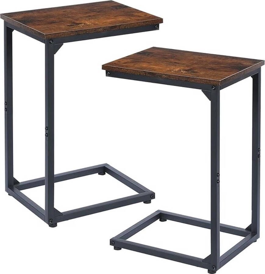 Bijzettafel Set van 2 C-vormige banktafel houten salontafel kleine salontafel in hoogte verstelbaar bijzettafels woonkamer met metalen frame bedtafel set van 2 voor koffie en laptop
