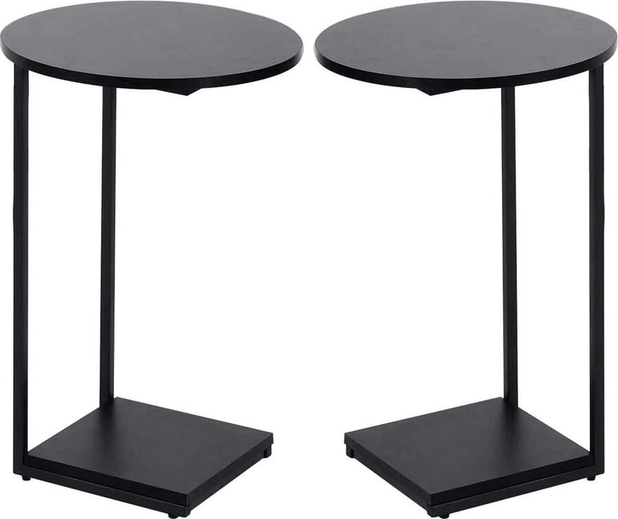 Bijzettafel Set van 2 C-vormige Bijzettafel voor Bank Eindtafel voor Woonkamer Slaapkamer Kantoor Zwart