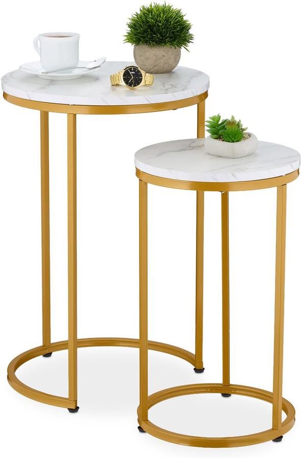 Bijzettafel set van 2 groottes metalen poten wit-goud