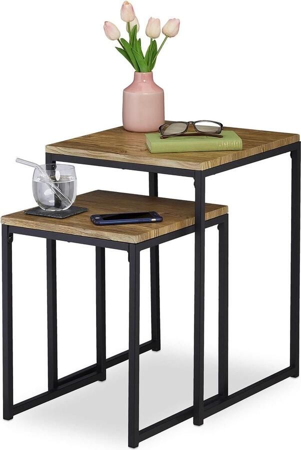 Bijzettafel set van 2 Industrieel design tafels Mimiset Twee groottes Vierkant Metaal Houtkleur zwart