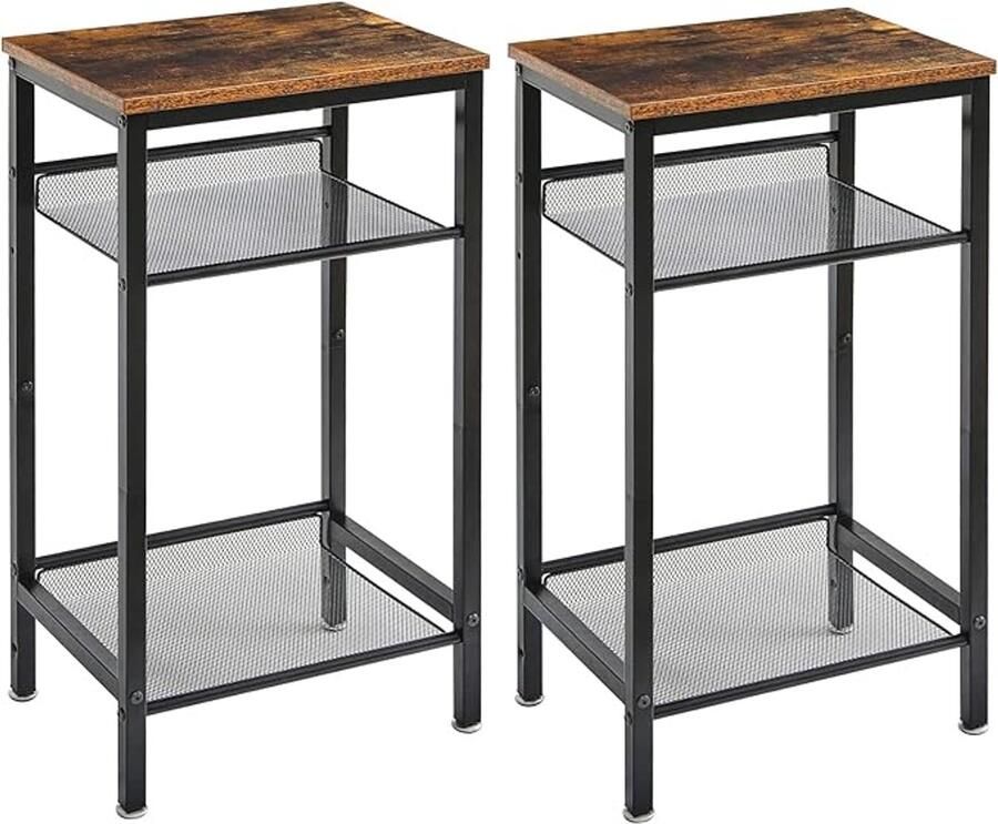 Bijzettafel set van 2 nachtkastje verstelbare planken en poten telefoontafel banktafel van hout metalen frame industriële stijl voor woonkamer slaapkamer kantoor vintage zwart