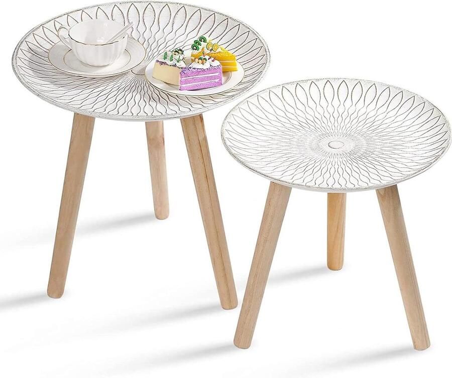 Bijzettafel set van 2 ronde salontafels houten kleine tafels set driepootjes sofatafels tafelset voor woonkamer slaapkamer balkon shabby wit 35 cm 40 cm