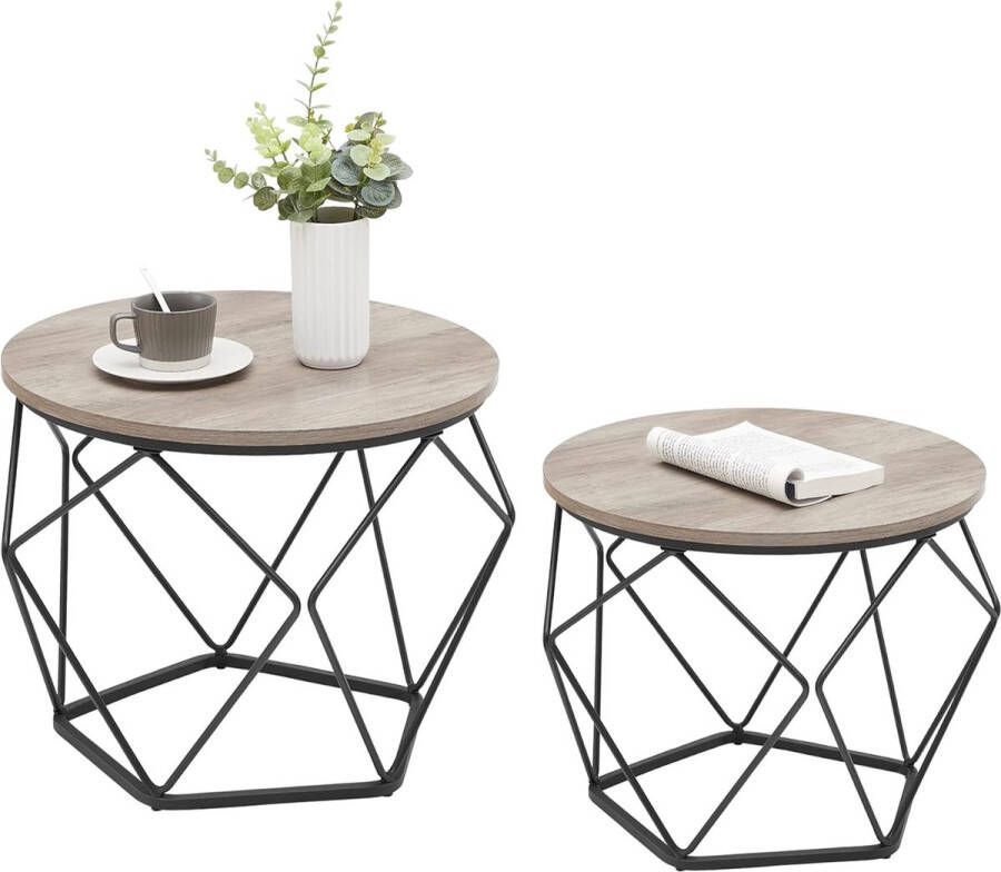 Bijzettafel set van 2 salontafels banktafel met mand functieset tafel geometrisch stalen frame voor woonkamer slaapkamer grijs zwart LET040B02