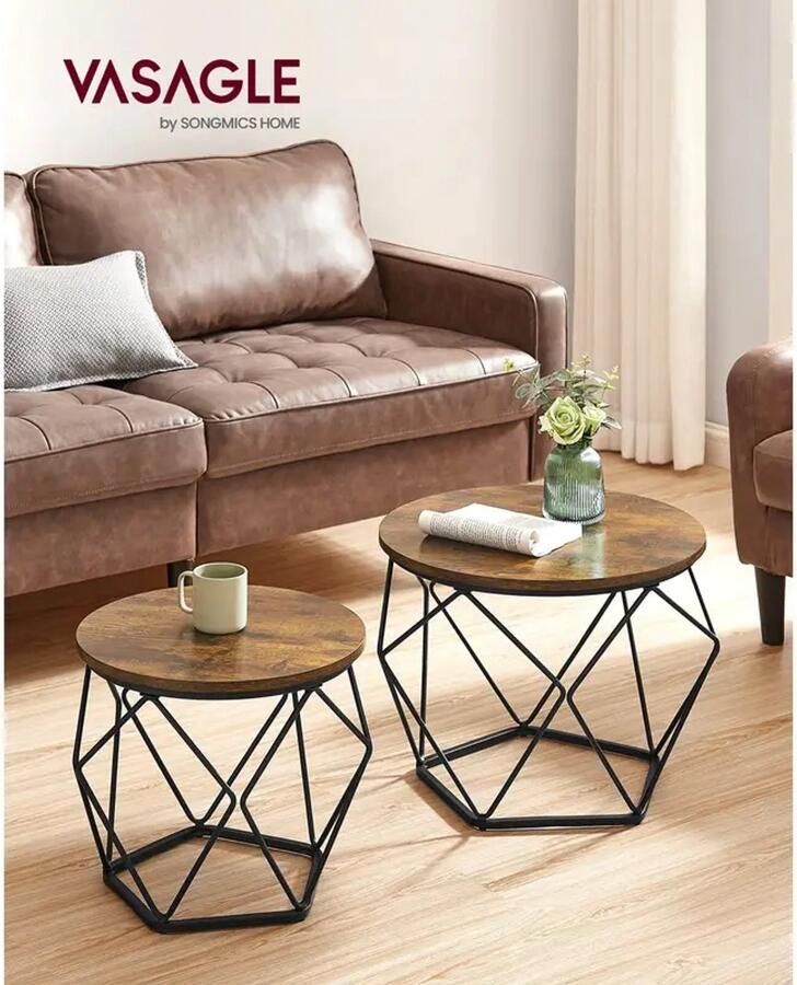 Bijzettafel set van 2 salontafels banktafel met mandfunctie gedekte tafel geometrisch stalen frame voor woonkamer slaapkamer rustiek bruin + zwart