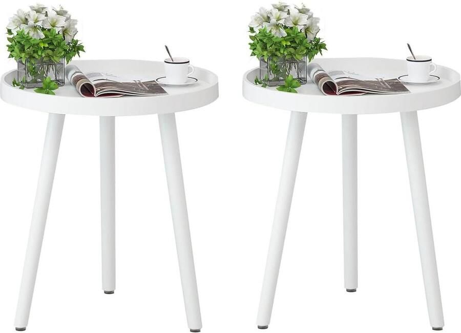 Set van 2 ronde bijzettafels wit houten 38x45 cm Scandinavische stijl woonkamer nachtkastje massief hout