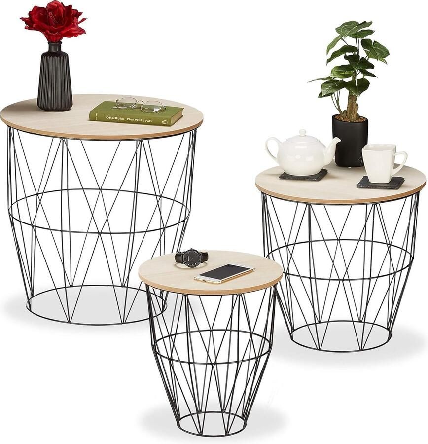 Bijzettafel Set van 3 Metalen Frame Salontafels Zwart Metaal & Houtlook