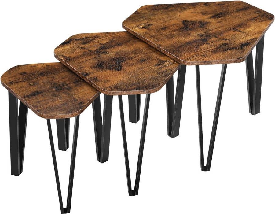 Bijzettafel set van 3 salontafel bijzettafel nachtkastje met metalen poten decoratief eenvoudige montage industrieel design vintage bruin-zwart