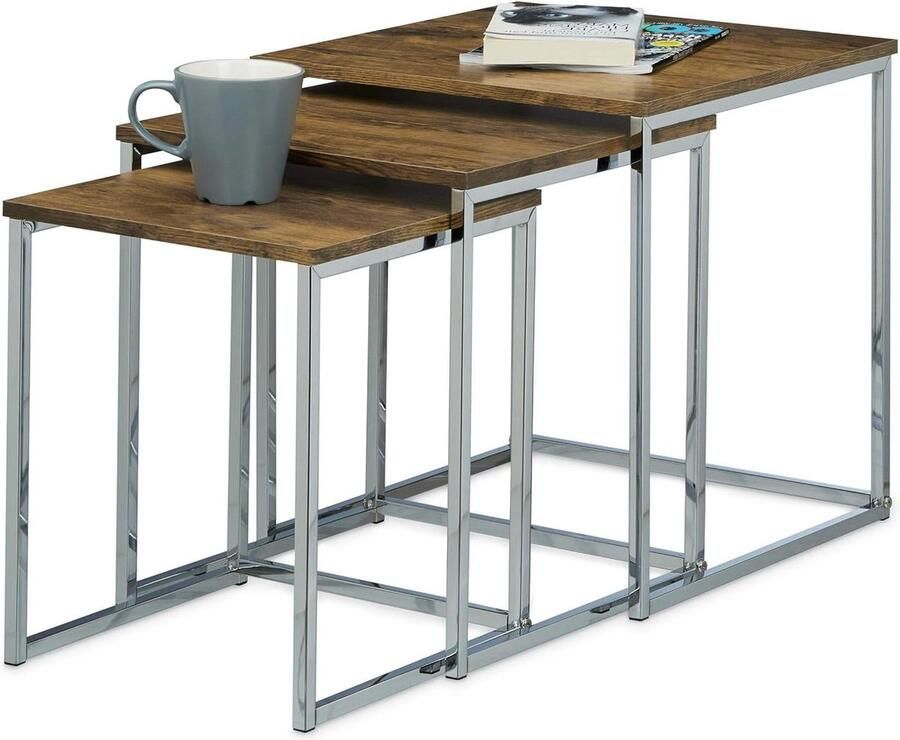 Bijzettafel set van 3 Salontafel hout en metaal Modern design HxBxD ca.42x40x40 cm Natuurkleur