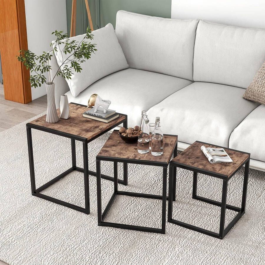 Bijzettafel set van 3 salontafel met zwart metalen poten nachtkastje woonkamertafel modern metalen frame decoratieve salontafel eiken look
