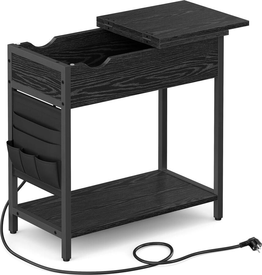 J&R Bijzettafel Sidetable Eindtafel Koffietafel Met stopcontact en USB Industrieel Klepdeksel Afstandsbediening houder Hout en metaal Zwart Zwart 18x45x58cm