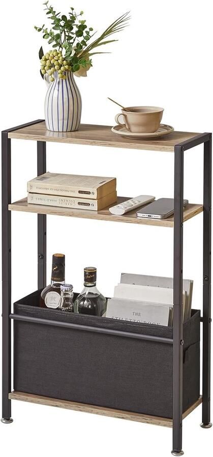 Bijzettafel smal – Kleine eiken grijze tafel met 3 niveaus en stoffen mand ideaal voor kleine ruimtes