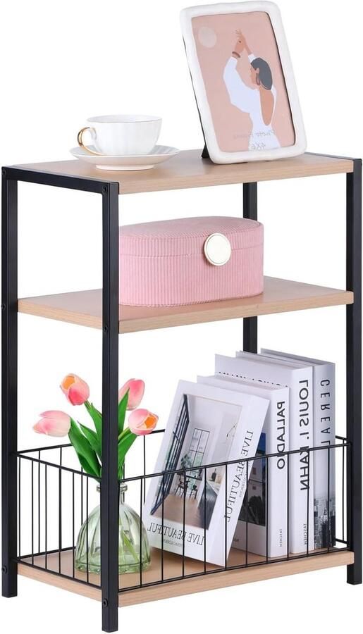 Bijzettafel smal met opbergvak 3-traps Kleine smalle salontafel met tijdschriftenhouder Nachtkastje smal voor woonkamer slaapkamer werkkamer Natuurbeige salontafel met opbergvak