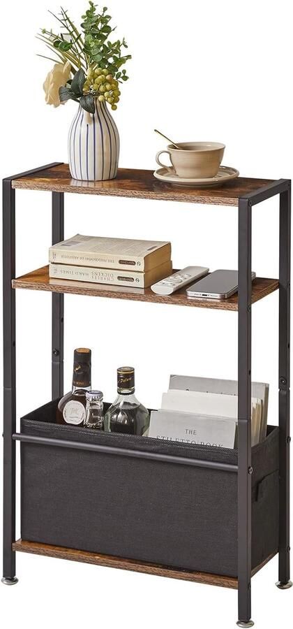 Bijzettafel smal – Rustiek bruine kleine tafel met 3 niveaus en stoffen mand ideaal voor kleine ruimtes