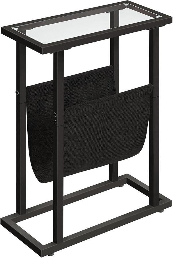 Retadou Bijzettafel smalle bijzettafel van gehard glas kleine bijzettafel met tijdschriftenhouder bank-bijzettafel voor woonkamer ruimtebesparend zwart