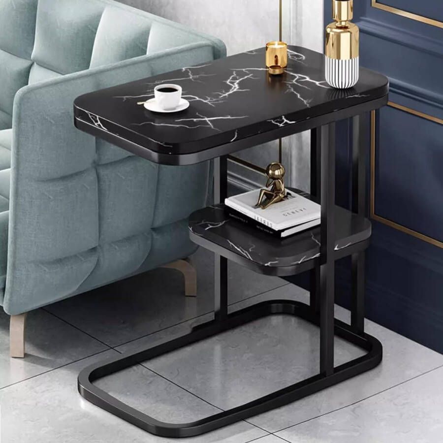 bijzettafel smalle salontafel met 2 planken marmerlook metalen frame kleine salontafel koffietafel Scandinavische stijl voor woonkamer slaapkamer en laptop (zwart)