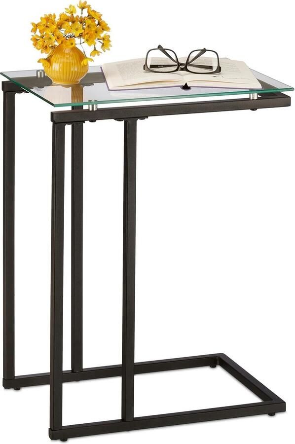 Bijzettafel U-vorm Bauhaus-stijl 1 stuk zwart metaal en glas 60 x 30 x 45 cm