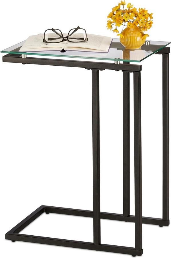 Bijzettafel U-Vorm Bauhaus-stijl 1 stuk Zwart Metaal en Glas 60 x 30 x 45 cm