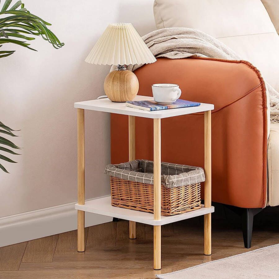 Bijzettafel van hout 2 niveaus smal 40 x 30 x 52 cm kleine bijzettafel met opbergruimte bijzettafel smal voor woonkamer slaapkamer balkon eenvoudige montage natuur wit