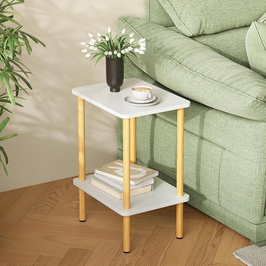 Bijzettafel van hout 2 niveaus smal 40 x 30 x 52 cm kleine bijzettafel met opbergruimte bijzettafel smal voor woonkamer slaapkamer balkon eenvoudige montage Wit Natuurlijk