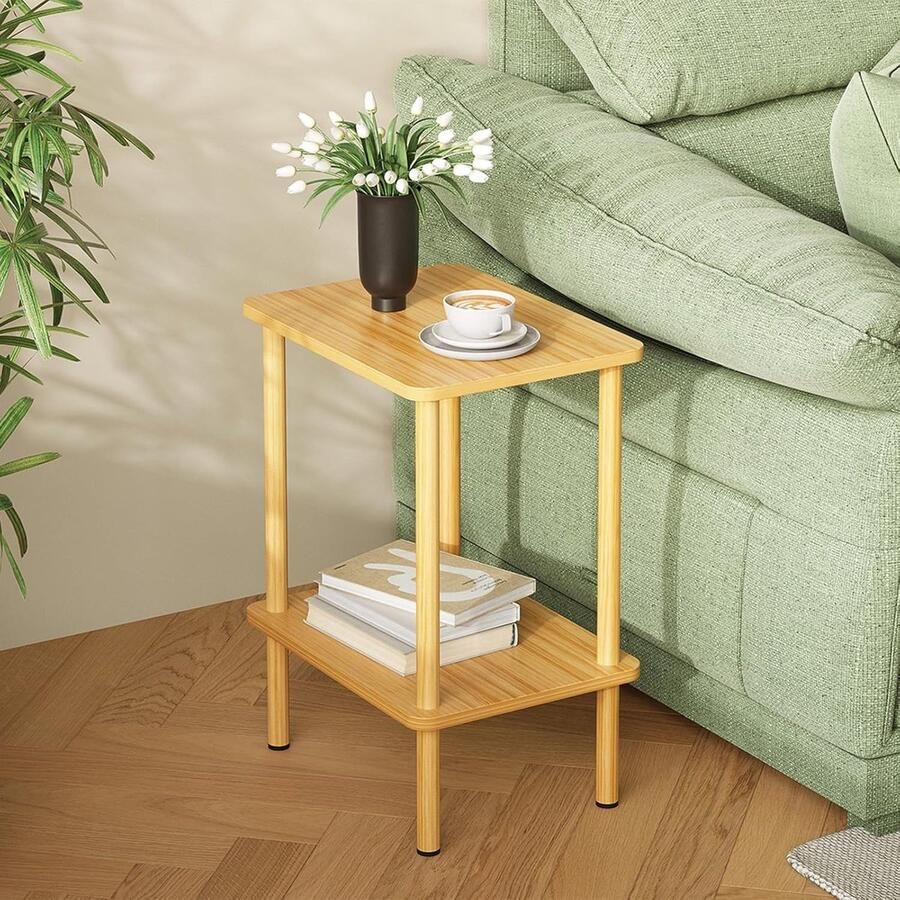 Bijzettafel van hout 2 niveaus smal 40 x 30 x 52 cm kleine bijzettafel met opbergruimte bijzettafel smal voor woonkamer slaapkamer balkon eenvoudige montage Natuurlijk