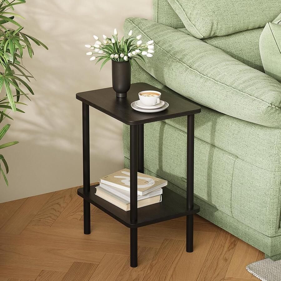 Bijzettafel van hout 2 niveaus smal 40 x 30 x 52 cm kleine bijzettafel met opbergruimte bijzettafel smal voor woonkamer slaapkamer balkon eenvoudige montage Zwart