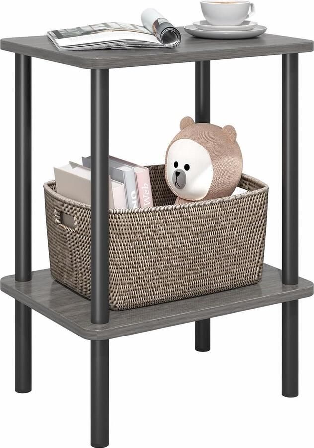 Senza Marchio Bijzettafel van hout 2 niveaus smal 40 x 30 x 52 cm kleine bijzettafel met opbergruimte bijzettafel smal voor woonkamer slaapkamer balkon eenvoudige montage Grijs