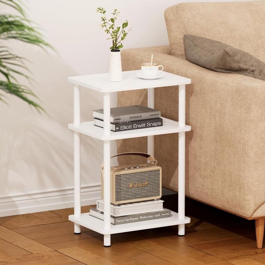 Bijzettafel van hout 3 niveaus smal 40 x 30 x 61.5 cm kleine bijzettafel met opbergruimte bijzettafel smal voor woonkamer slaapkamer balkon eenvoudige montage Wit