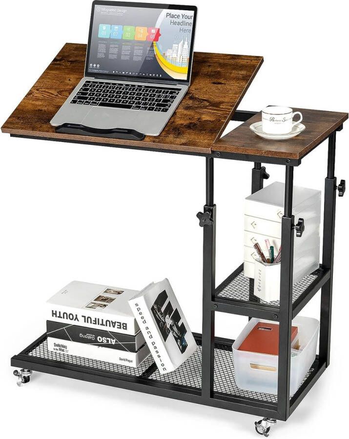 Bijzettafel van hout in hoogte verstelbaar en kantelbaar C-vorm 3 niveaus laptoptafel met wieltjes 80 x 40 x 95 cm voor woonkamer en slaapkamer (vintage)