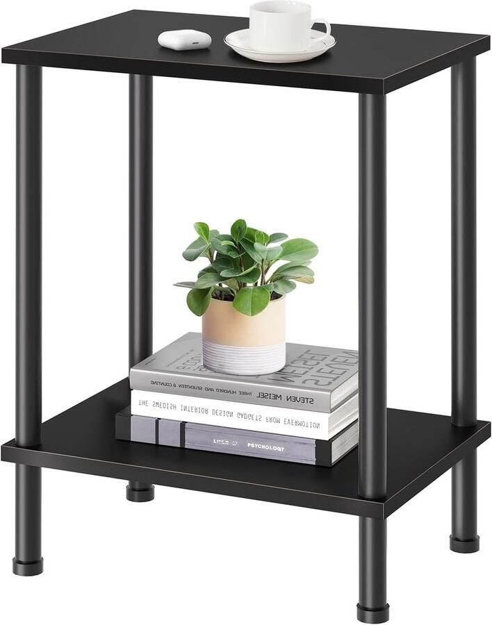 Bijzettafel van hout – Smal nachtkastje met 2 niveaus – Moderne salontafel met opbergruimte – Voor woonkamer slaapkamer of balkon – Zwart