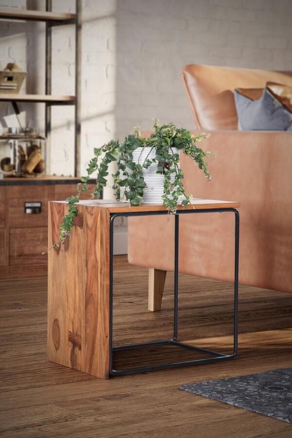 Rootz Living Rootz Bijzettafel van massief hout en metaal Accenttafel in industriële stijl Handgemaakte duurzame beschermende blanke lak 45 cm x 30 cm x 45 cm