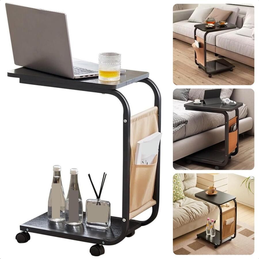 Bijzettafel Verrijdbaar Banktafel met Wielen Laptoptafel 43x28x63 cm Zwart Metalen Frame Inclusief EBOOK