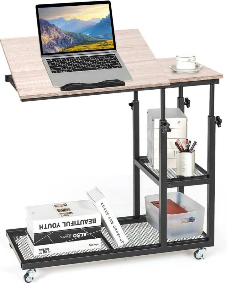 Bijzettafel verstelbaar met wieltjes industriële laptoptafel met 5 planken salontafel in C-vorm houten banktafel voor woonkamer en slaapkamer (natuur)