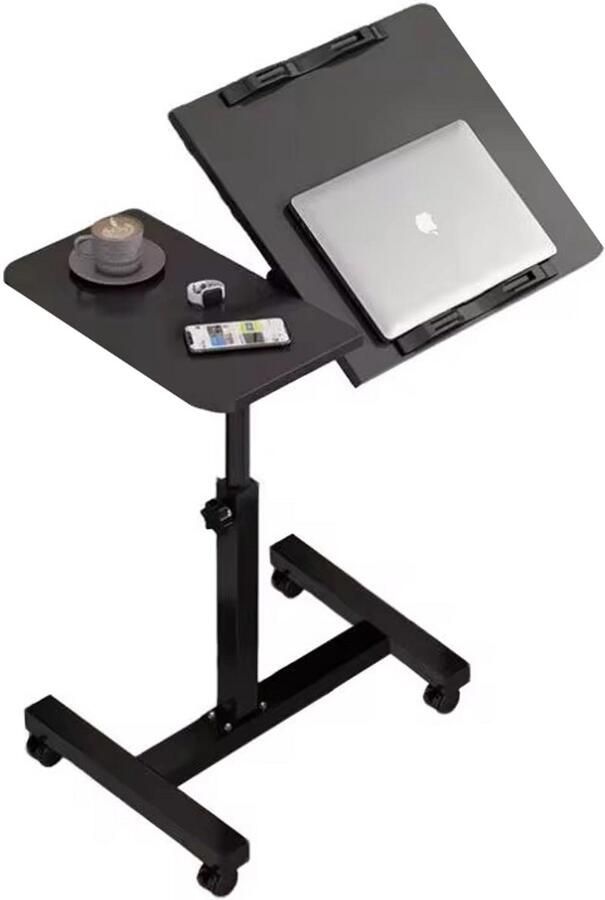 Bijzettafel Verstelbare bijzettafel 40x60 cm Hoogte instelbaar van 59 cm tot 89 cm Twee bladen Incl. wielen Tafeltje Laptoptafel Banktafel Bedtafel Koffietafel Zwart