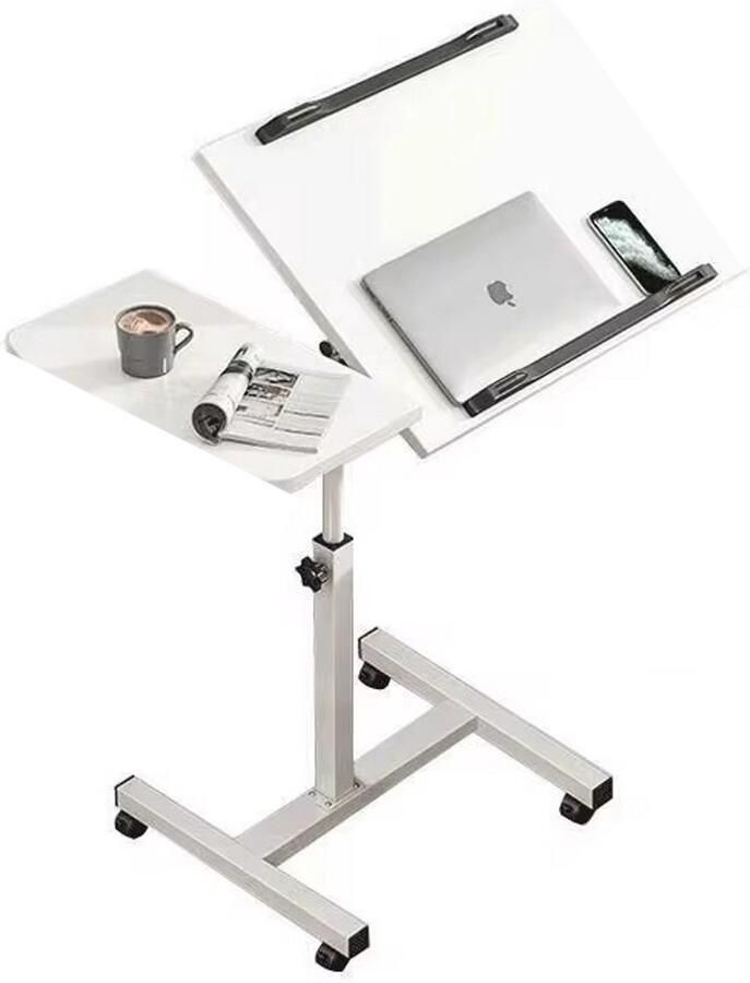 Bijzettafel Verstelbare bijzettafel 40x60 cm Hoogte instelbaar van 59 cm tot 89 cm Twee bladen Incl. wielen Tafeltje Laptoptafel Banktafel Bedtafel Koffietafel Wit