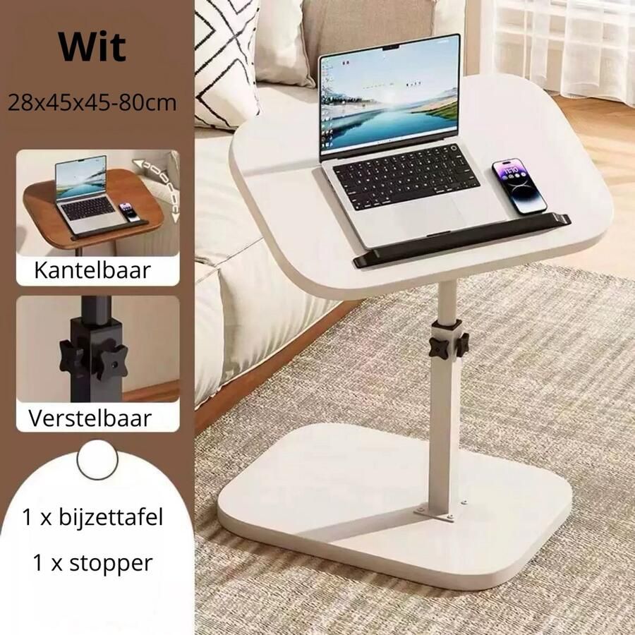 Bijzettafel Verstelbare bijzettafel C-vorm 28x45 cm Hoogte instelbaar van 45 cm tot 80 cm Tafeltje Laptoptafel Banktafel Bedtafel Koffietafel Wit