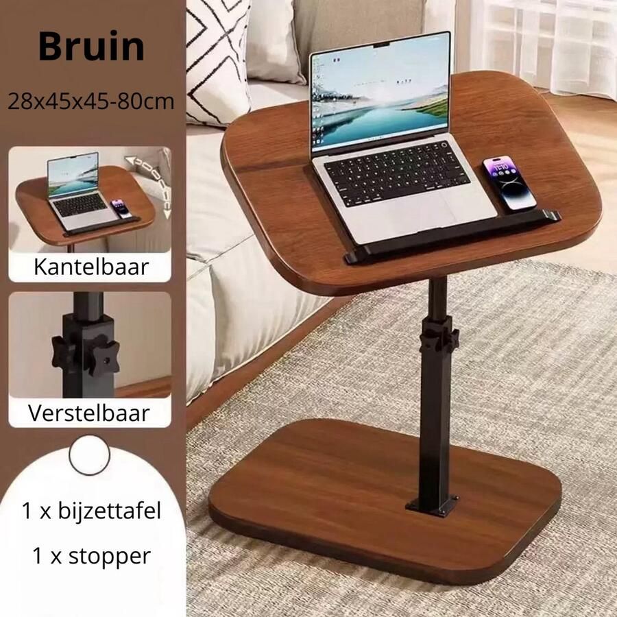 Bijzettafel Verstelbare bijzettafel C-vorm 28x45 cm Hoogte instelbaar van 45 cm tot 80 cm Tafeltje Laptoptafel Banktafel Bedtafel Koffietafel Bruin