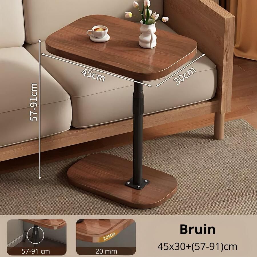 Bijzettafel Verstelbare bijzettafel C-vorm 30x45 cm Hoogte instelbaar van 57 cm tot 91 cm Tafeltje Laptoptafel Banktafel Bedtafel Koffietafel Bruin