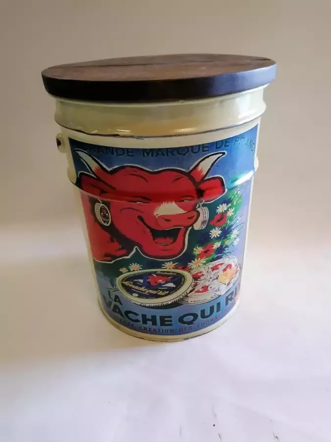 Bijzettafel vintage metaal la vache qui rit kruk tafel retro metaal planttafel opbergdoos koe