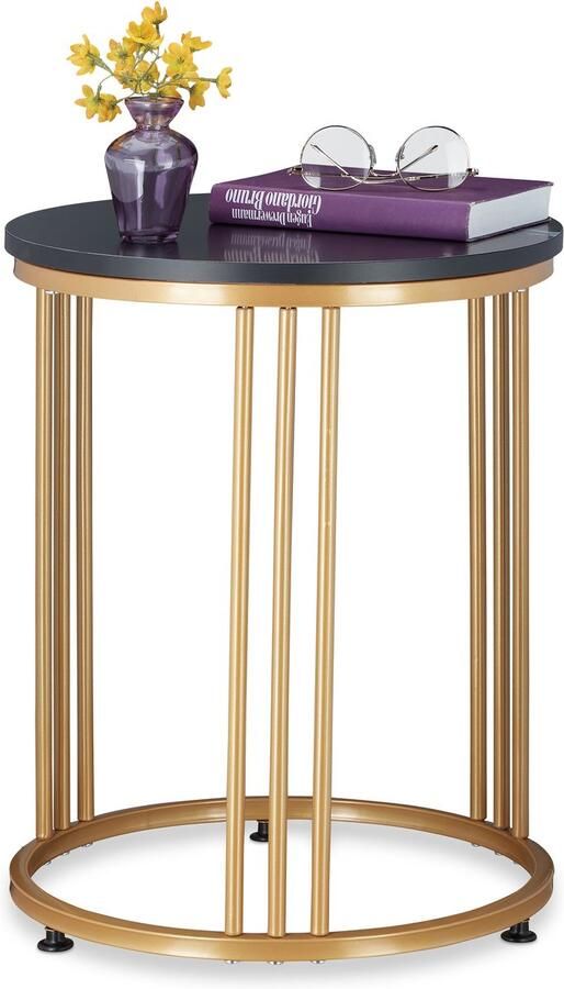 Relaxdays bijzettafel MARMO rond metaal & MDF marmerlook salontafel 51 x 41 cm zwart-goud zwart