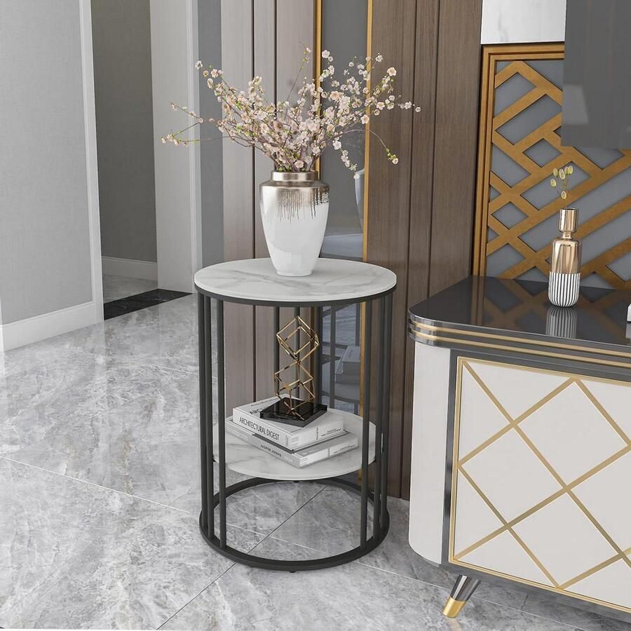 Bijzettafel marmer wit moderne salontafel luxe nachtkastje zwart ijzeren frame 40 x 40 x 54 cm woonkamer slaapkamer nachtkastje zwart 60 cm hoog